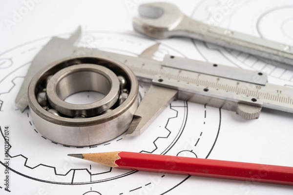 Fototapeta Engineering and precision tools with metal ball bering, mechanical industrial.