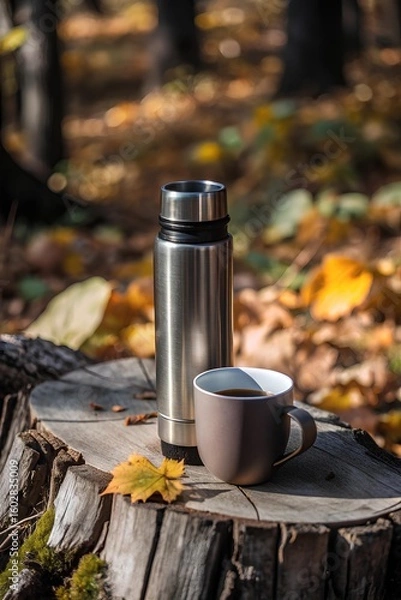 Obraz Autumn forest scene featuring metal thermos and ceramic mug filled with hot drink on tree stump, surrounded by golden leaves and tranquil nature