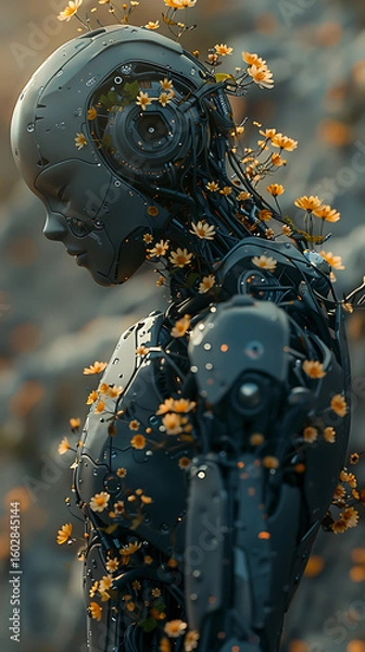 Obraz Futuristic humanoid robot with integrated floral elements