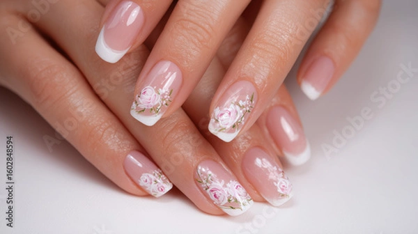 Fototapeta Close up of hands with french manicure and floral nail art on white background