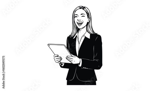 Fototapeta Caucasian young female professional with tablet smiling in business attire. Vector retro hand drawn illustration.