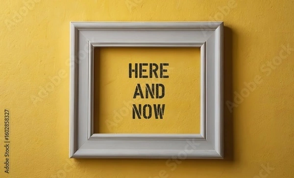 Fototapeta Photo frame on yellow wall with text written HERE AND NOW - refers to present moment, being conscious and mindful of what happening right now than on past or worrying about future