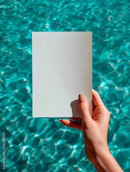 Fototapeta 5x7 Vertical Card Mockup Held by Hand Above Pool Water