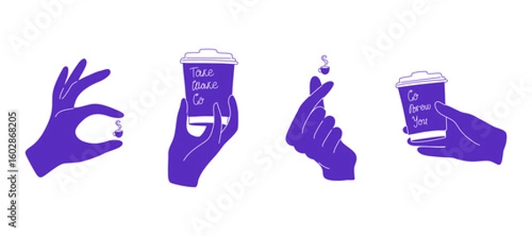 Obraz Set of hands with coffee cups. Hand gestures with hot drink and coffee to go. Minimalist art for coffee shop and cafe. Hand drawn illustration.