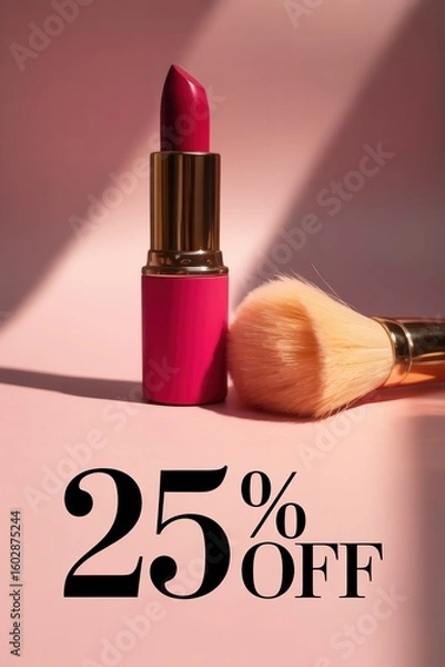 Obraz Bold magenta lipstick and soft brush displayed with promotional discount in a sleek setting