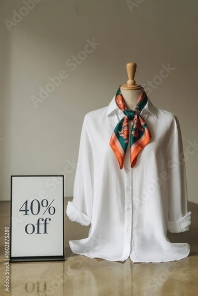 Obraz White shirt displayed on a mannequin with a colorful scarf and a sign announcing a discount promotion in a boutique setting