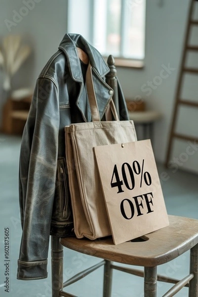 Obraz Leather jacket and tote bag displayed with a discount sign in a stylish retail space during the afternoon