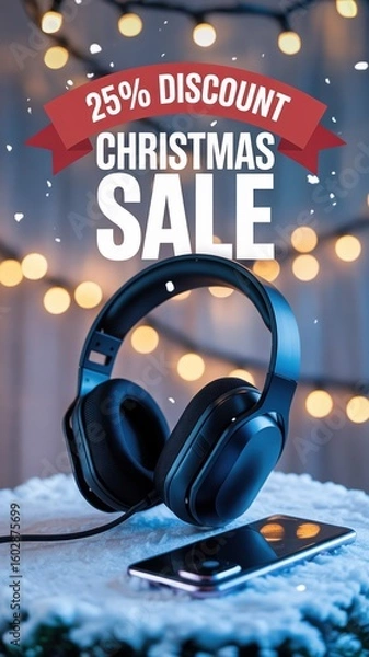 Obraz Discounted headphones and smartphone on a festive table with Christmas lights during a winter sale event
