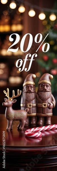 Obraz Holiday display featuring chocolate Santa figures with reindeer and candy canes in festive setting