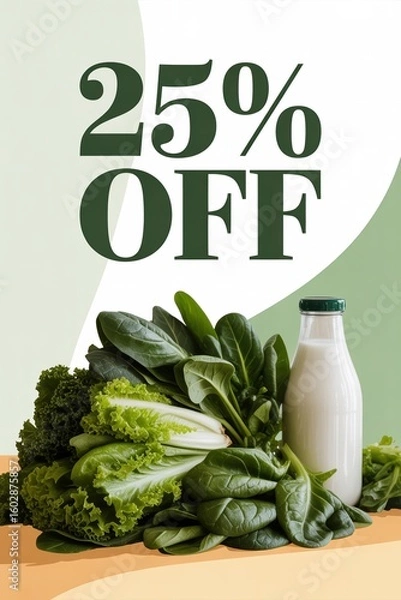 Obraz Discount on fresh produce and dairy products in a grocery store with a vibrant display of greens and milk