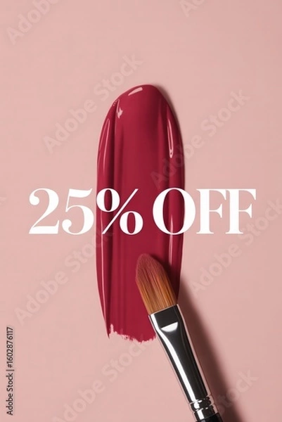 Obraz Offers attractive discount on vibrant lip color showing makeup brush and product swatch on soft pastel background