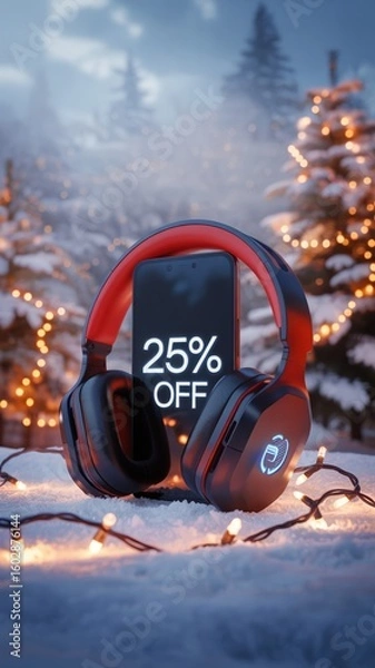Obraz Discounted wireless headphones displayed in a winter setting with holiday lights and a smartphone showing a special offer