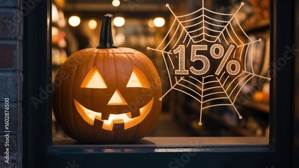 Obraz Halloween pumpkin with glowing eyes and spooky spider web decor at storefront during autumn