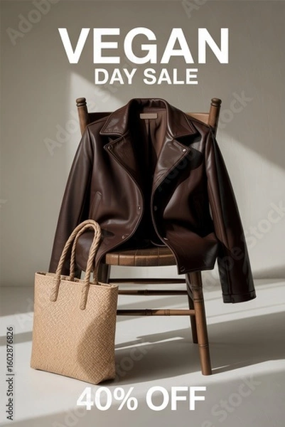 Obraz Vegan fashion sale at a stylish location featuring a leather jacket and woven bag with discount details clearly displayed