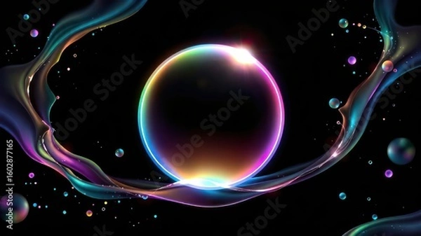 Fototapeta Abstract vibrant iridescent liquid flowing around a glowing circle against a dark backdrop