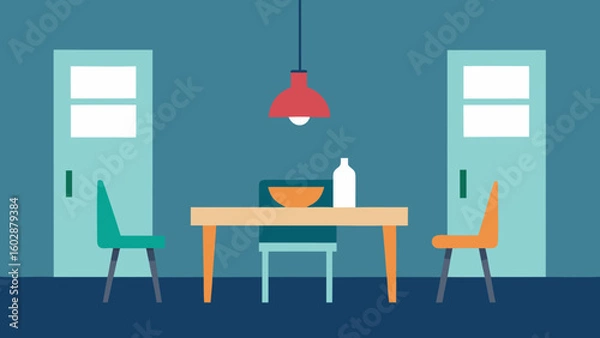 Fototapeta Minimalist dining room with table chairs doors and pendant lamp