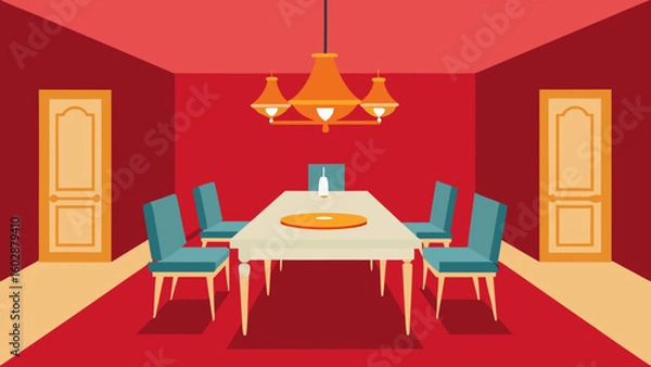Obraz Modern dining room with red walls chandelier table and chairs