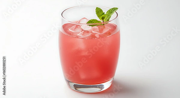 Fototapeta A glass of rhubarb punch with ice cubes and mint garnish in a curved tumbler, vibrant pink color, isolated on white background
