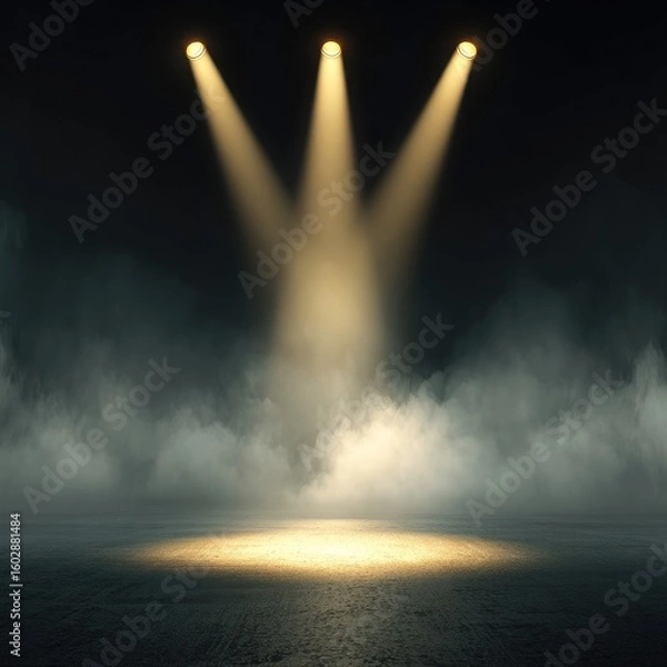 Fototapeta Three spotlights illuminate a smoky, dark stage floor, creating a dramatic, mysterious atmosphere