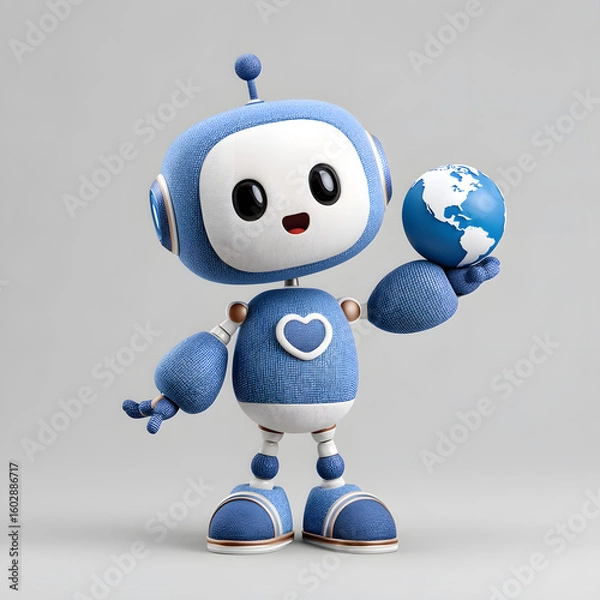 Fototapeta Friendly Robot Holding Globe: A cute and cheerful robot in blue, with a heart detail, holds a miniature globe, symbolizing global connection and technological advancements.