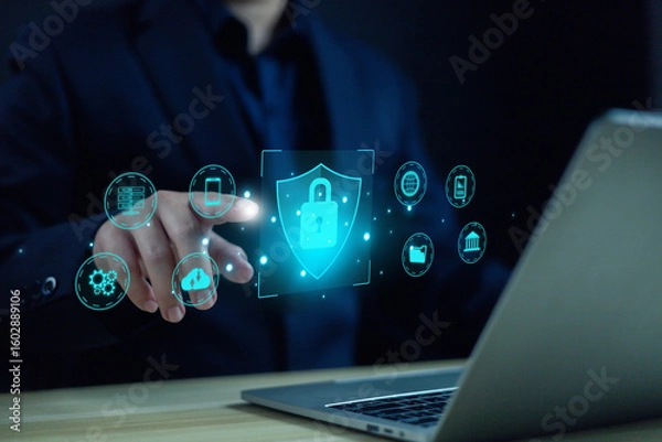 Fototapeta Cyber security concept, System smart peotechtion security global network, Businessman points to safety icon in front of laptop, cyber, security, network, technology, digital, global