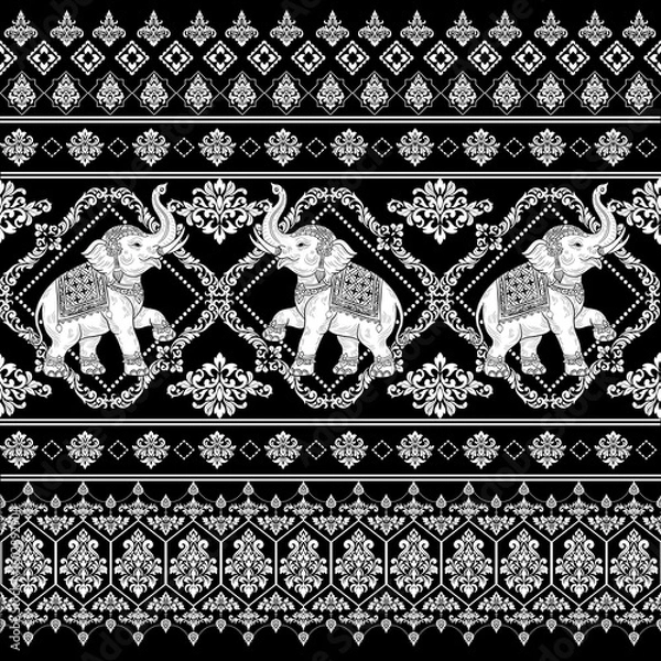 Obraz Thai traditional Ethnic elephant pattern vector, hand drawn, Aztec, tile, embroidery illustration design.