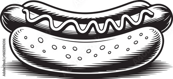 Fototapeta Delicious Hot Dog Vector Illustration with Mustard in Monochrome Style