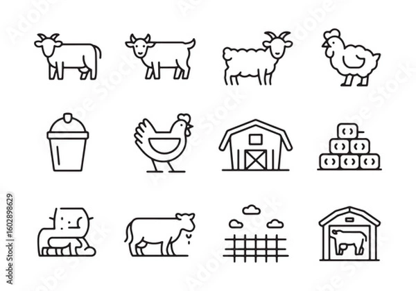 Obraz Farm animal icons including cow goat sheep chicken barn hay bales and bucket vector