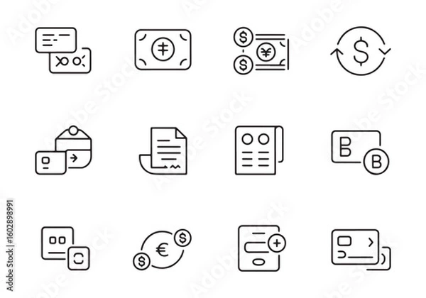 Obraz Set of financial and payment icons with currency symbols and credit cards finance money