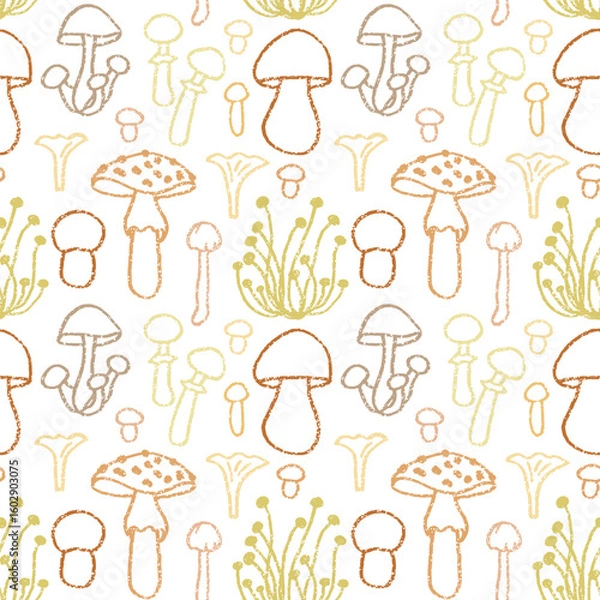 Obraz Mushrooms outline seamless pattern. Cute forest plants print. Autumn hand drawn retro vector background.