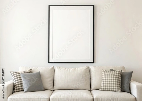 Obraz frame mockup. A modern living room featuring a light sofa adorned with decorative pillows and a blank frame on the wall, promoting a minimalist aesthetic.