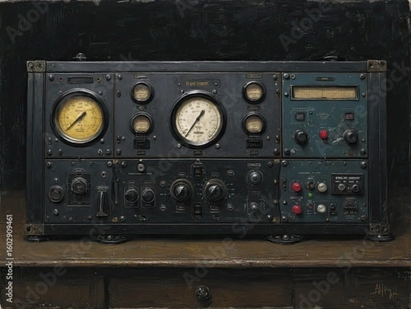 Fototapeta A meticulously detailed painting of a vintage, dark-grey metal control panel with numerous gauges, dials, switches, and meters, resting on a dark wooden surface, set against a somber background