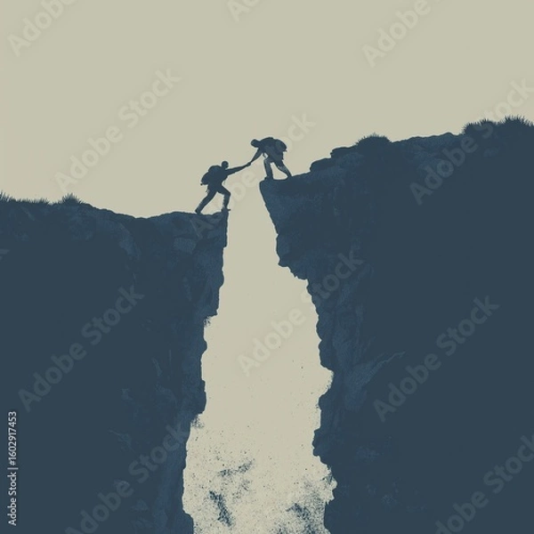 Fototapeta Two Silhouettes Reaching Across a Cliff Gap – Symbolic Scene of Trust, Connection, Risk, and Human Bonding in a Dramatic Landscape

