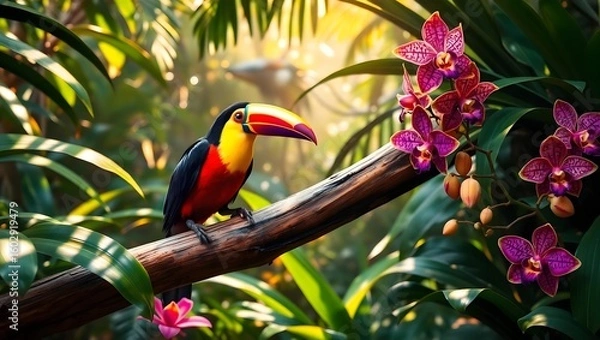 Fototapeta Vibrant Toucan on Tropical Branch with Exotic Orchids in Rainforest Jungle