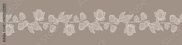 Fototapeta Lace floral border with branches, leaves and flowers. Beige seamless horizontal background with a beautiful hand drawn garland. Vector illustration