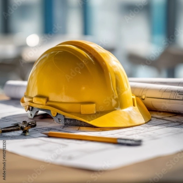 Fototapeta Yellow Hard Hat on Blueprints with Drafting Tools and Pencil