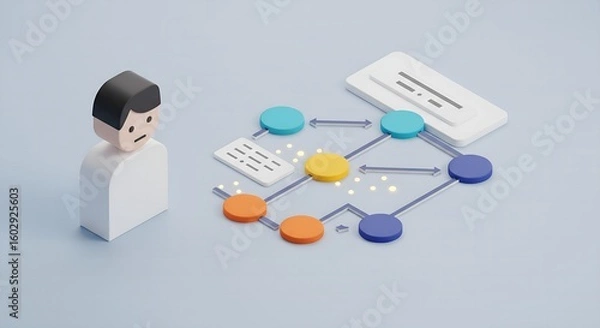 Obraz Frustrated character facing complex flowchart represents project management challenges and bottlenecks