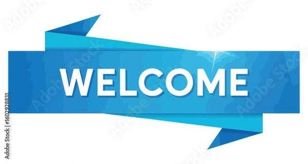 Fototapeta Blue ribbon-style “WELCOME” banner with bold white text and gradient shine effect, perfect for events, announcements, or greeting visuals