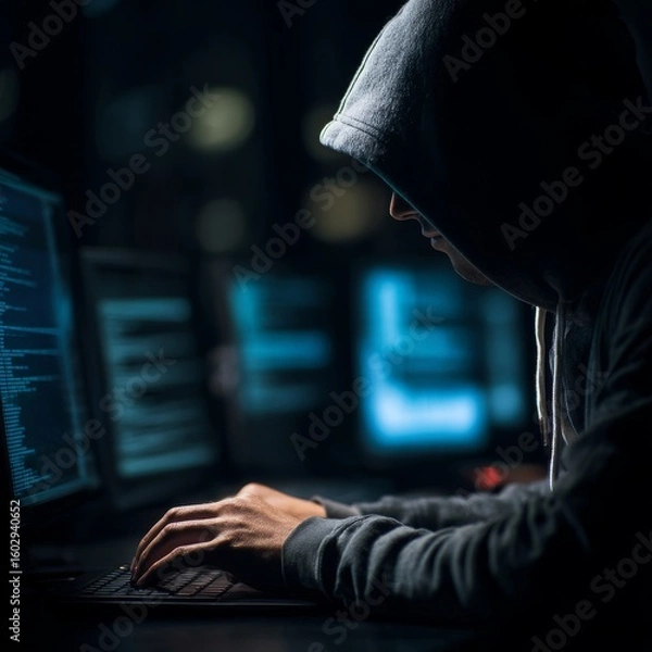 Fototapeta Hooded Programmer Analyzing Code in Dark Ambient Workspace Setting