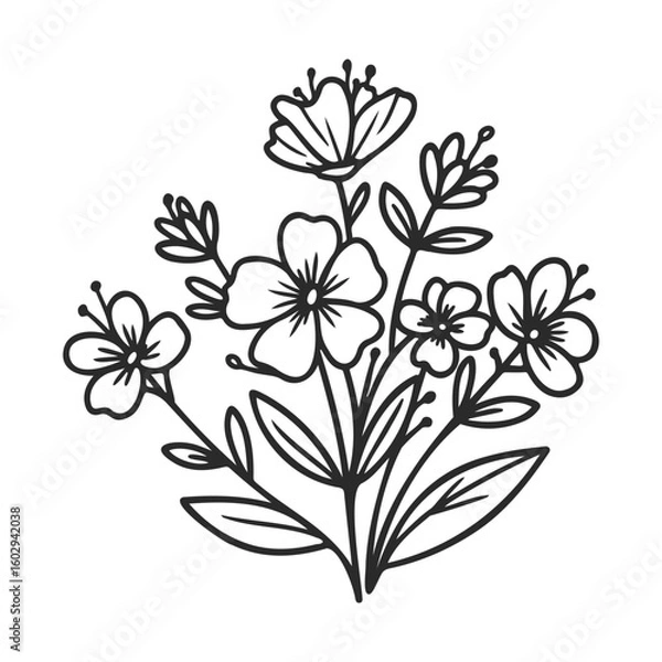 Fototapeta Elegant floral bouquet line art with delicate blossoms and leaves – stock vector icon in line style