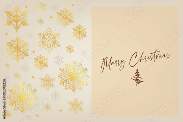 Fototapeta A festive illustration featuring golden snowflakes on a beige background with "Merry Christmas" text in elegant brown font and a small tree icon.