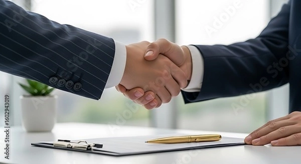 Obraz Two businessmen shaking hands over a contract on a desk with a plant and a pen