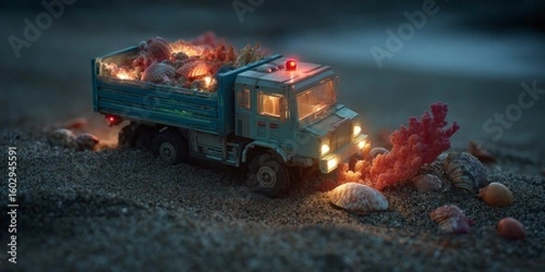 Obraz Seashells truck on beach at night