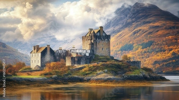 Fototapeta Majestic castle on a rocky island, surrounded by autumnal foliage and mountains, reflecting in calm water at sunset.