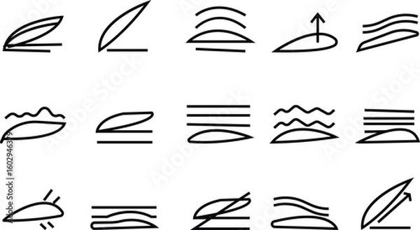 Fototapeta Aerodynamics line set icons, flight and air motion symbol collection, aviation and airflow isolated graphic group in minimal outline style, airplane, jet, thrust, lift, drag, streamline vector