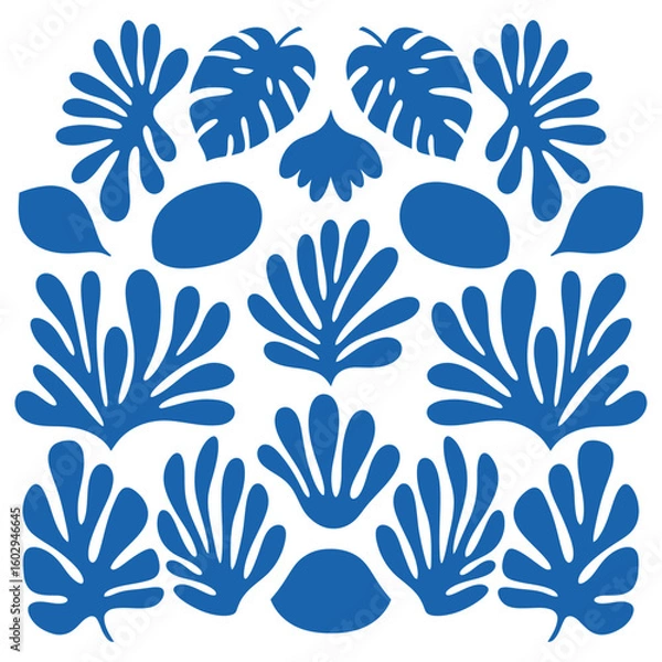 Fototapeta Blue abstract organic shapes and monstera leaves pattern on white background vector