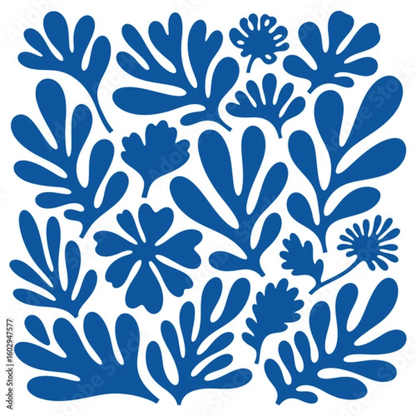 Fototapeta Blue organic shapes on white background abstract botanical pattern vector