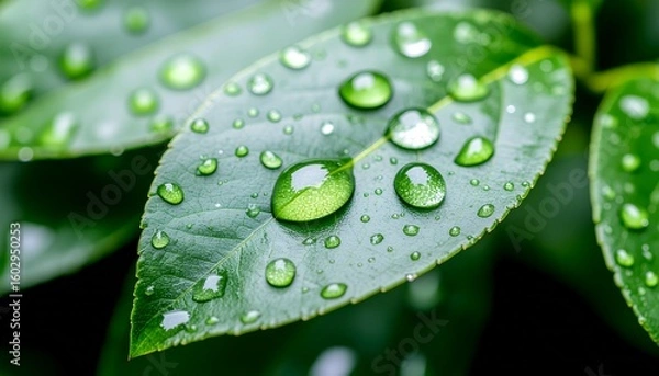 Obraz A Close-Up Of Raindrops On Green Leaves 