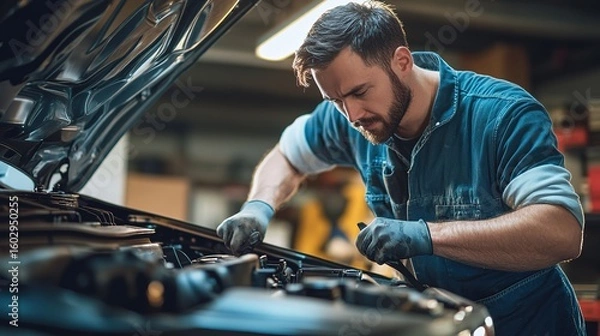 Fototapeta A focused mechanic wearing gloves inspects and repairs a car engine in a well-lit garage workshop.