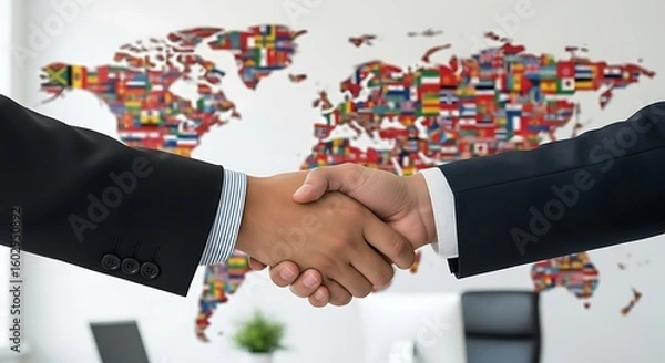 Obraz Two business people shaking hands in front of a world map covered in flags symbolizing global business deals and international partnerships